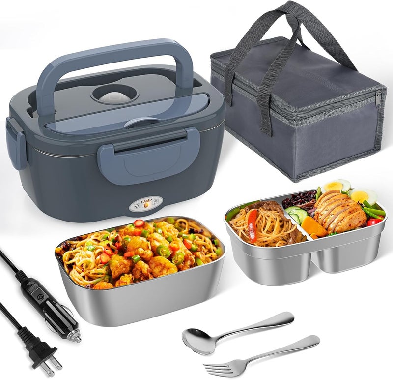 Akhia Electric Lunch Box, Heated Lunch Box for Men with 2 Stainless Steel Container, 1.5L Portable 80W Food Warmer Lunch Box for Car/Truck, 110V/12V/24V/240V Valentine's Day Gifts Birthday Gifts - Image 1